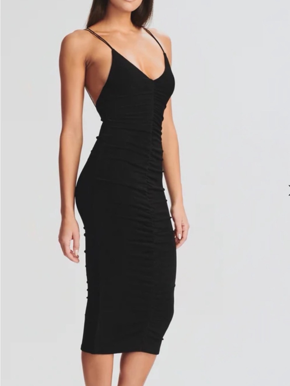 Seroya - Ruched Black Midi Dress with Spaghetti Straps